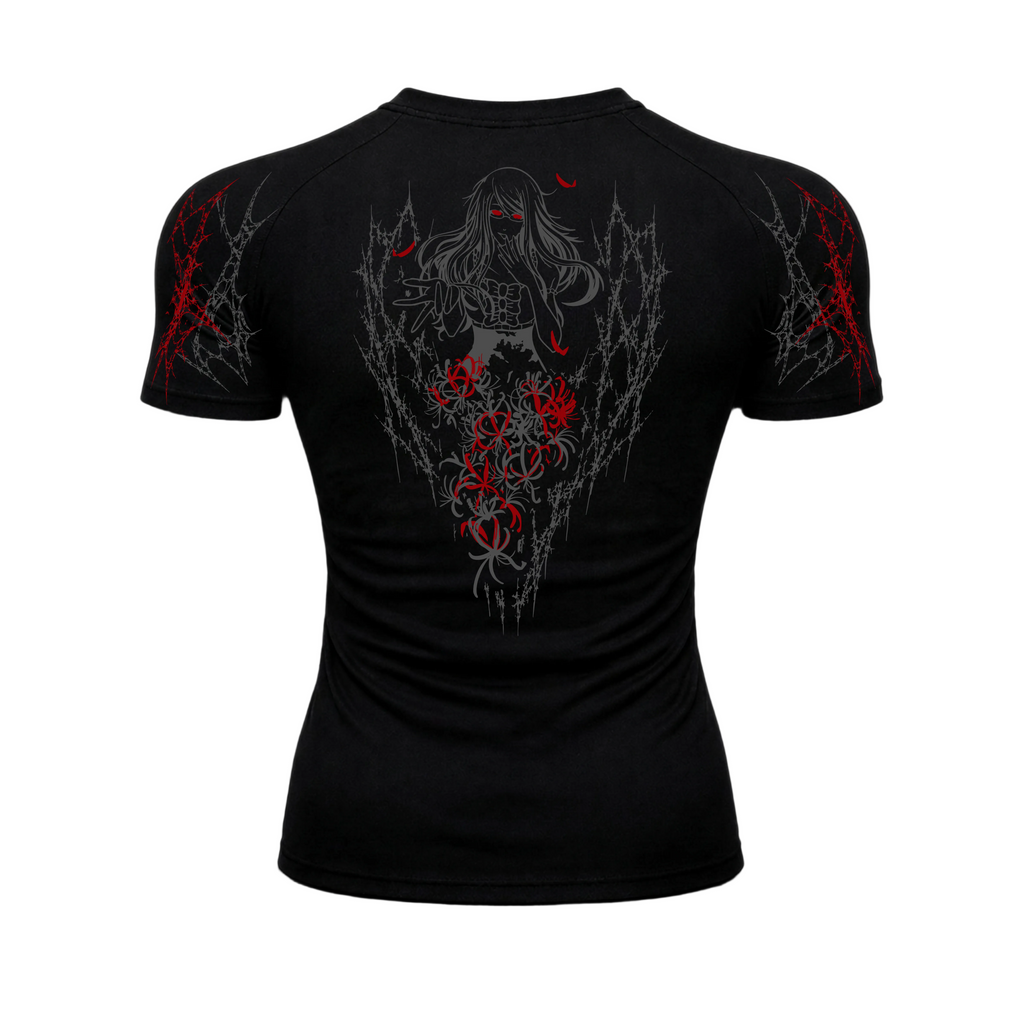 Black t-shirt with red and white graphic design on a black background