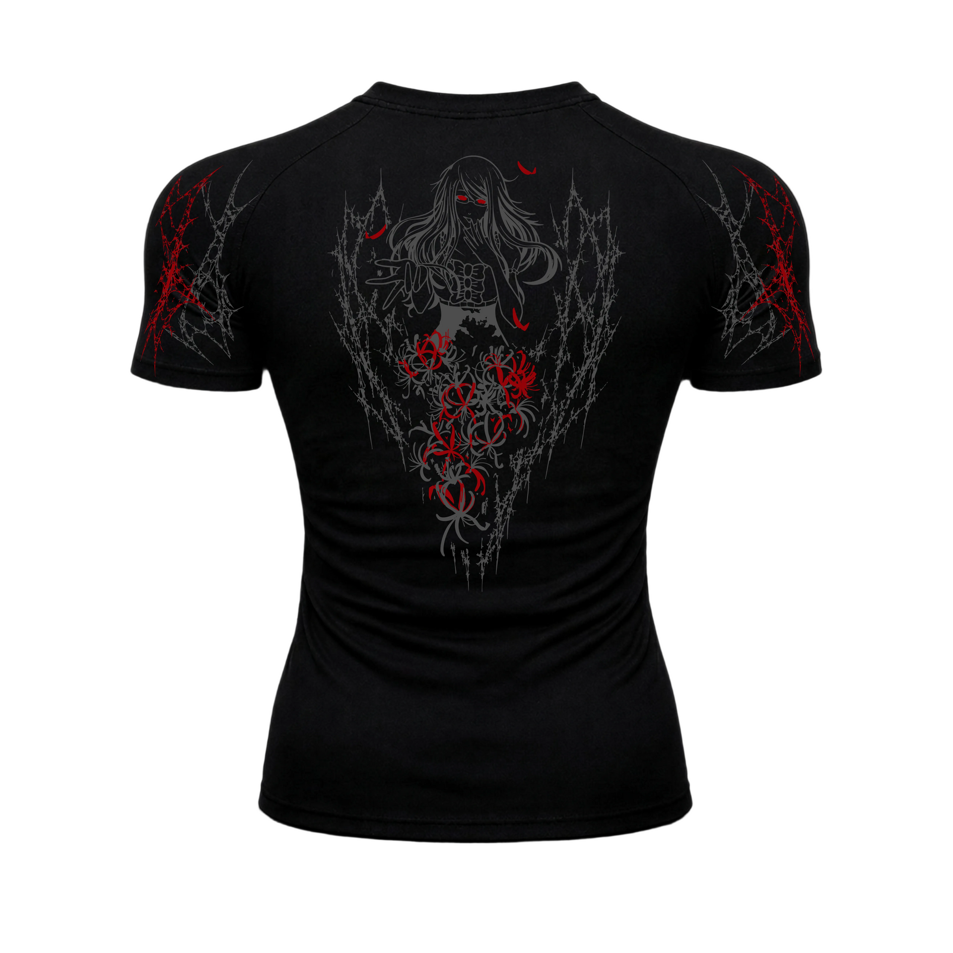 Black t-shirt with red and white graphic design on a black background