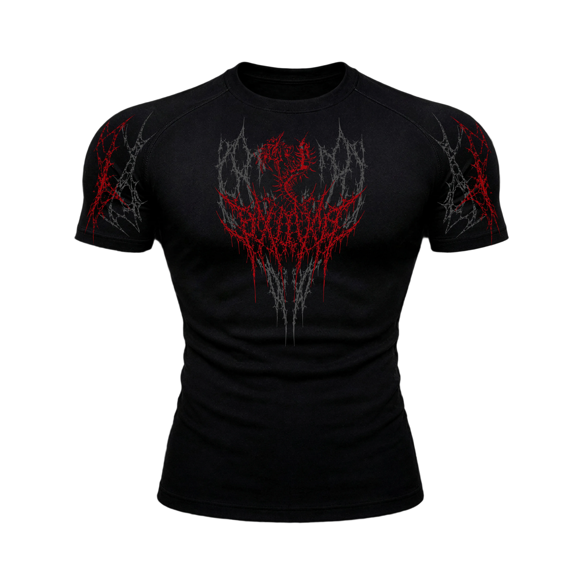 Black t-shirt with red and gray graphic design on a black background